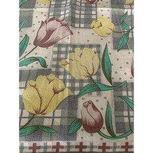 Vintage Woven Cotton Screen Print TULIPS 1960s Kitchen Tea Towel Gray Green Wine
